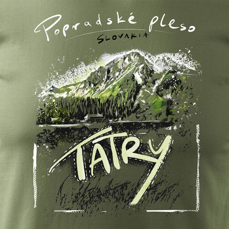 Tričko s motivem horské turistiky Tatry Popradské Pleso pánské khaki REGULAR