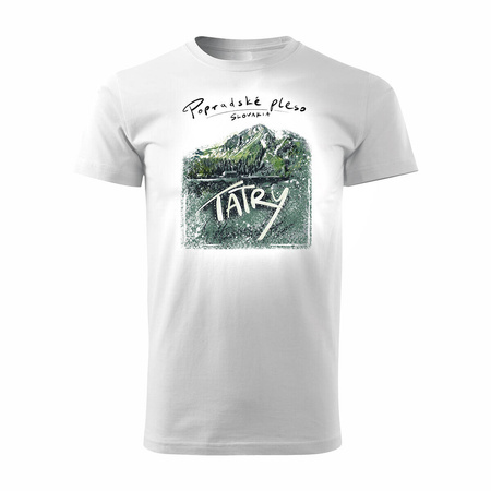 Tričko s motivem hor Tatry Popradské Pleso pánské trekingové bílé REGULAR